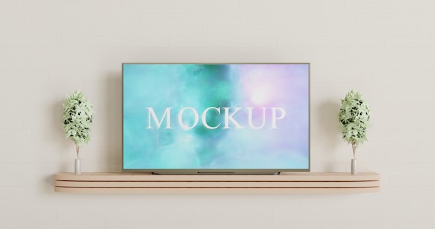 smart tv mockup on the wooden wall desk