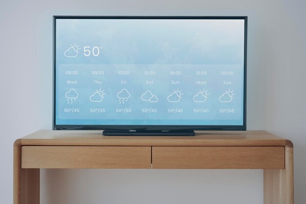smart tv screen mockup psd on a wooden table
