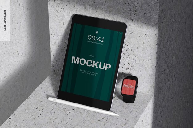 PSD orologio intelligente con mini-mockup per tablet, inclinato