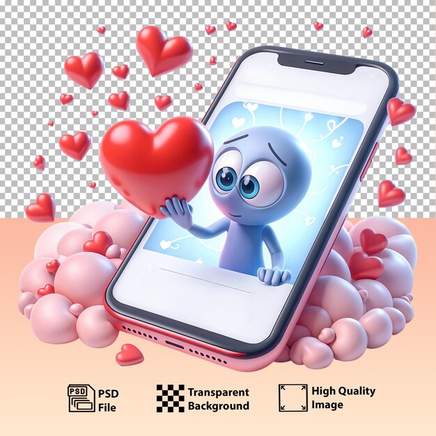 PSD smartfon i przesłanie miłosne na dzień świętego walentynki w stylu kreskówki na białym tle generatywna sztuczna inteligencja