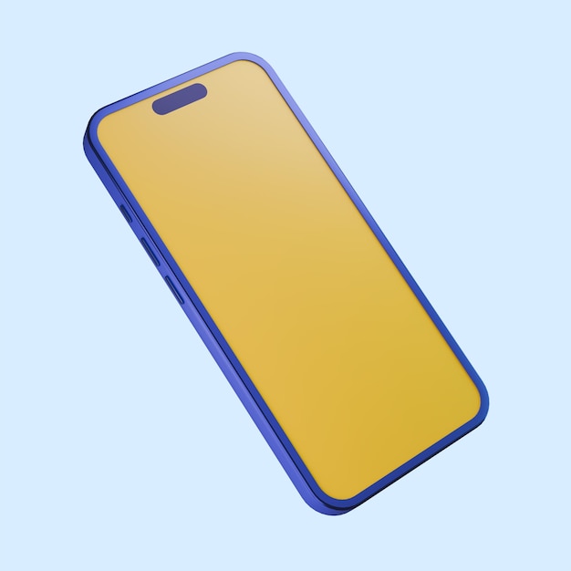 Smartfon renderowany w 3D z niebieską ramką i żółtym ekranem