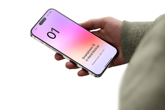 Smartphone 15 in de hand mockup met groene olijven sweatshirt