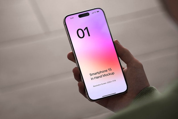 Smartphone 15 in de hand mockup met vloer op de achtergrond