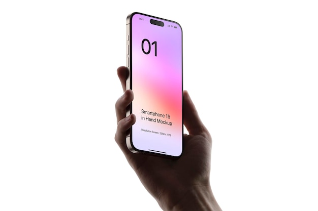 Smartphone 15 in de hand mockup rechter onderste weergave