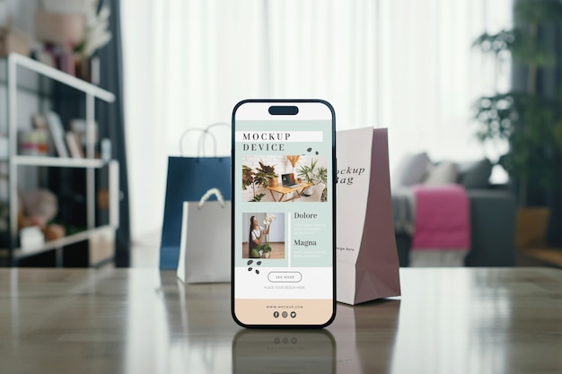 スマートフォンと紙袋のモックアップ