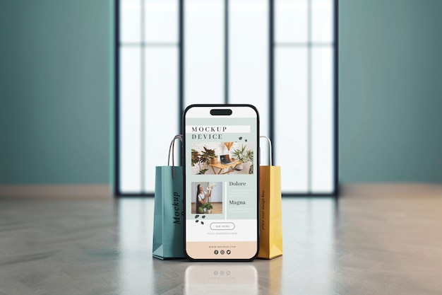 PSD スマートフォンと紙袋のモックアップ