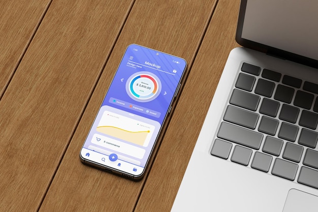 PSD smartphone app mockup met laptop aan de zijkant