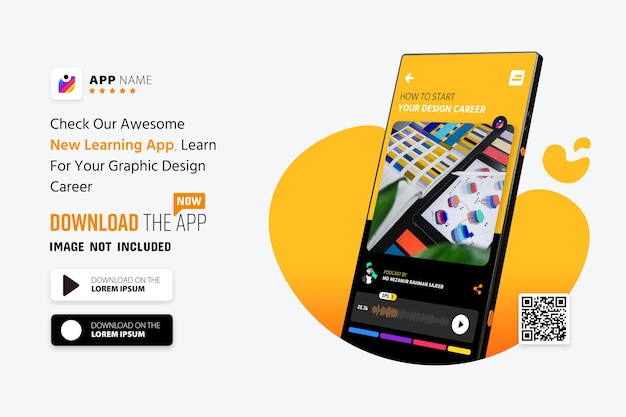 PSD mockup di promozione dell'app per smartphone, logo e pulsanti di download con codice qr di scansione