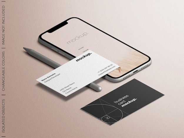 Smartphone app screen and business card mockup with pencil stylus isometric view isolated