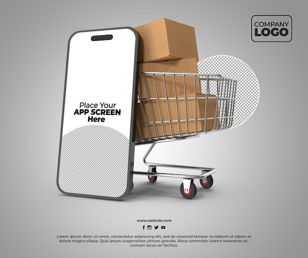 PSD スーパーマーケットのショッピングカートと背景が透明なボックスを備えたスマートフォンアプリ画面のモックアップ