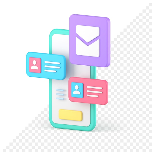 Мобильное приложение для связи со смартфоном, кнопка входящего сообщения, письмо, контакты, реалистичная 3d иконка