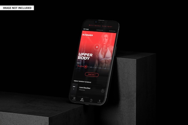 Smartphone su mockup di scena nera vetrina concreta