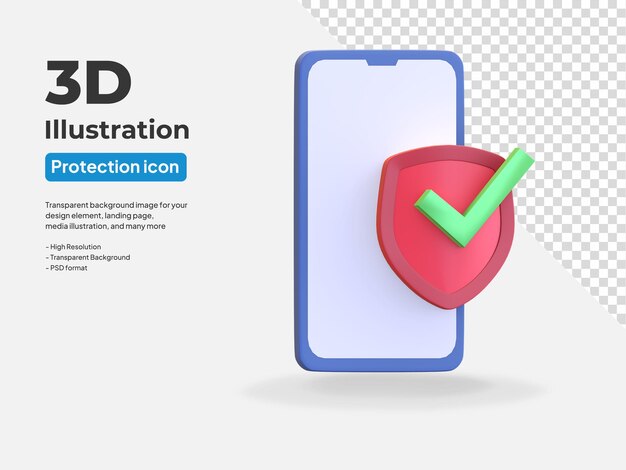 Smartphone data protection icon lock with shield and check mark 3d render illustration