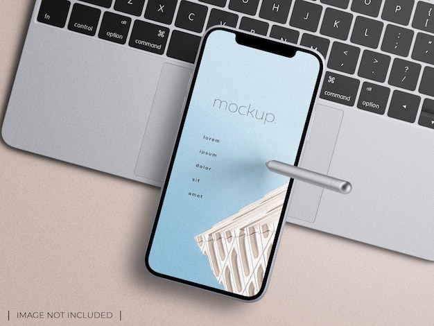 smartphone device app screen with stylus on laptop keyboard presentation mockup top view isolated