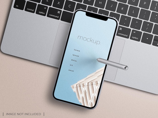 PSD smartphone device app screen with stylus on laptop keyboard presentation mockup top view isolated