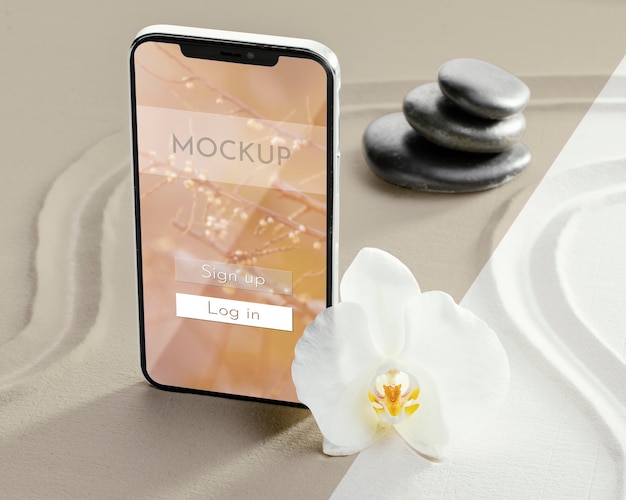 PSD 砂地でのスマートフォンディスプレイモックアップ