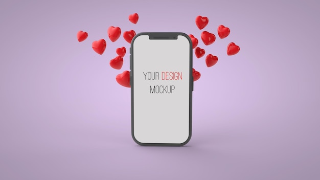 Smartphone display and red flying hearts on a white background PSD mockup 3d illustration