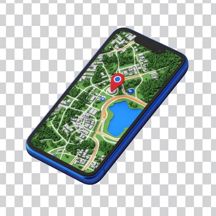 PSD smartphone displaying a detailed map with location pin on screen