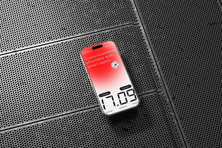 PSD smartphone displaying the time and text on a metal surface