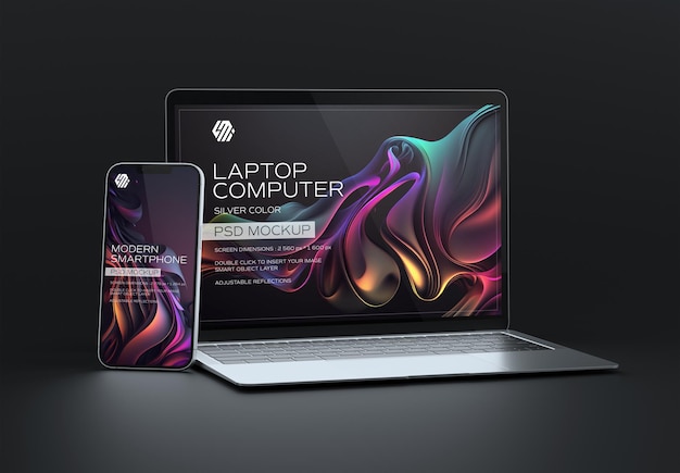 Smartphone en laptop op donkere mockup