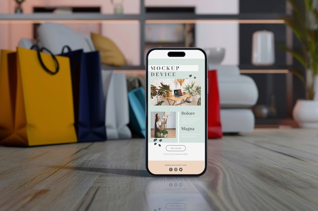 PSD smartphone en papieren zakken mockup