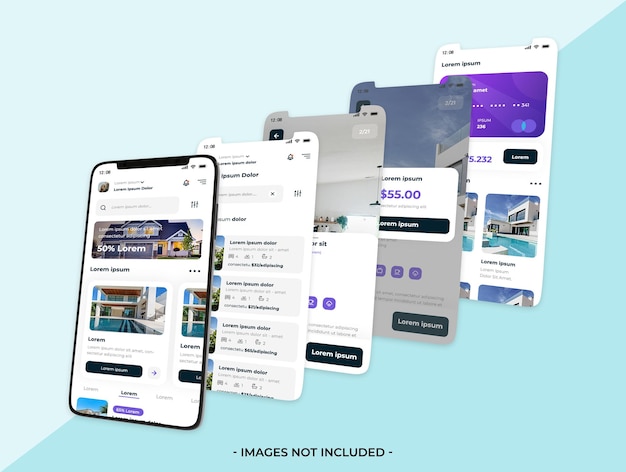 PSD mockup di app per smartphone e cinque schermi con livello modificabile