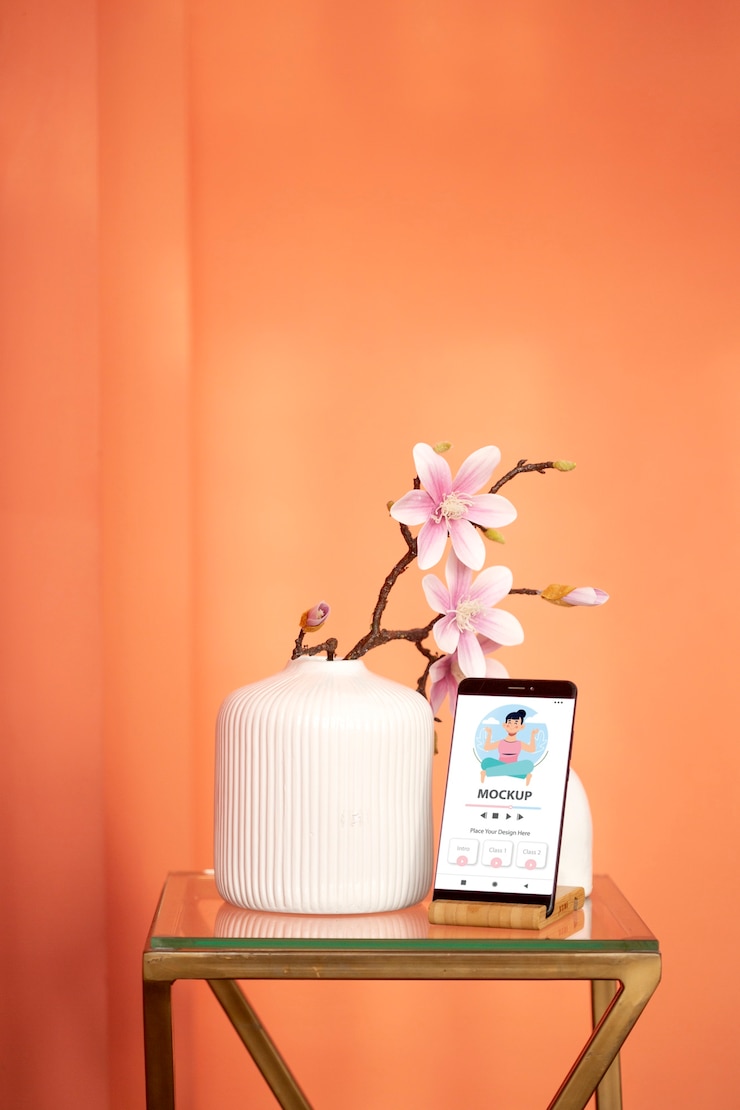 PSD smartphone and flowers arrangement mockup