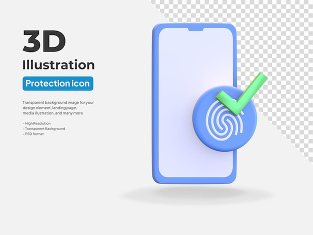 Smartphone gegevensbescherming pictogram slot met vingerafdruk en vinkje 3d render illustratie
