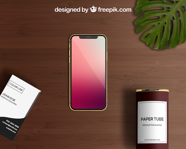 PSD smartphone i makieta rury papierowej z wizytówki