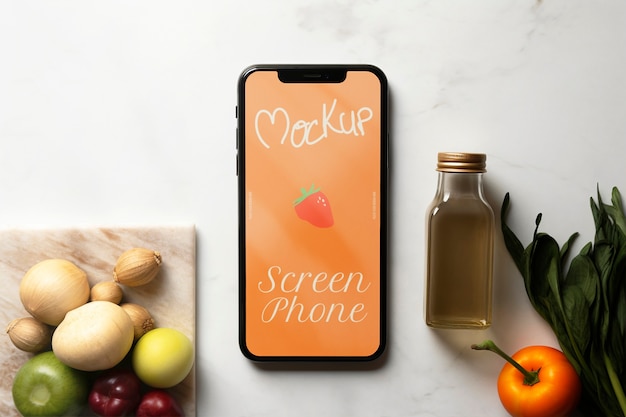 PSD smartphone in a kitchen with food