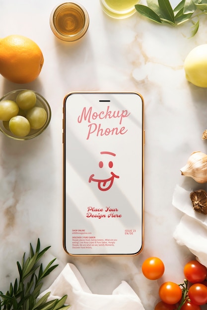 Smartphone in a kitchen with food