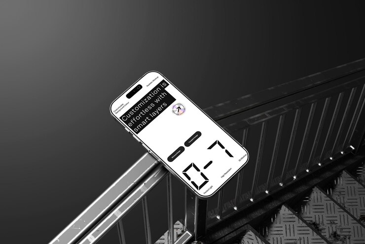 PSD smartphone leaning on metallic stairs displaying a custom interface