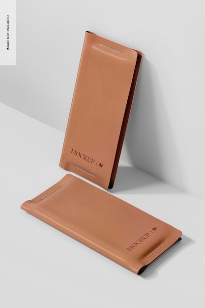 スマートフォン レザー ケース モックアップ、傾けた