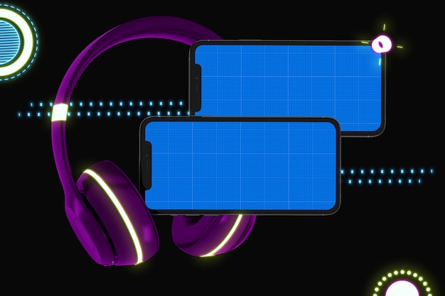 Smartphone met scherm mockup en koptelefoon, muziek app concept