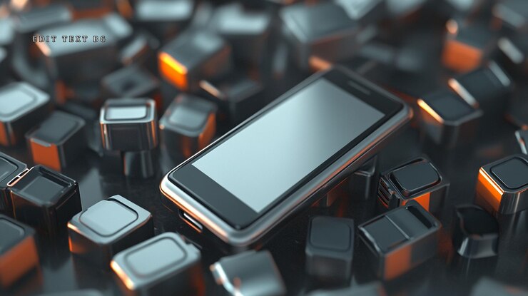 PSD smartphone on metallic cube background