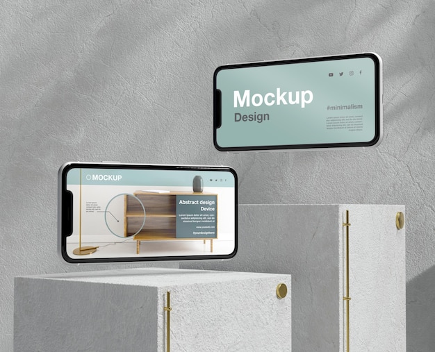 Mock-up di smartphone con elementi in pietra ed elementi metallici