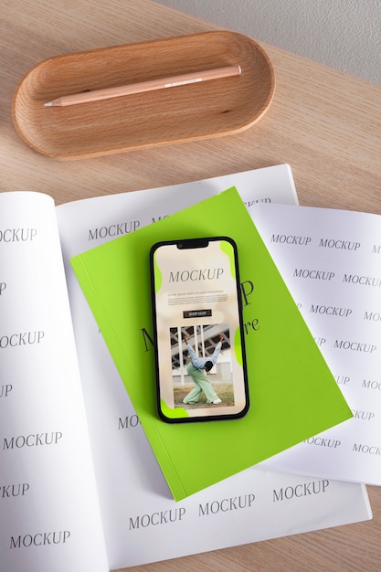 PSD smartphone mock-up with wooden furniture scene