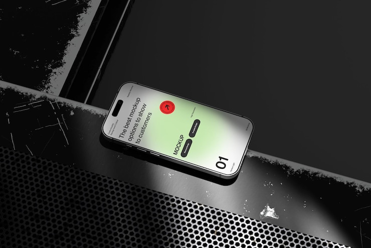PSD smartphone mockup on a dark metallic surface