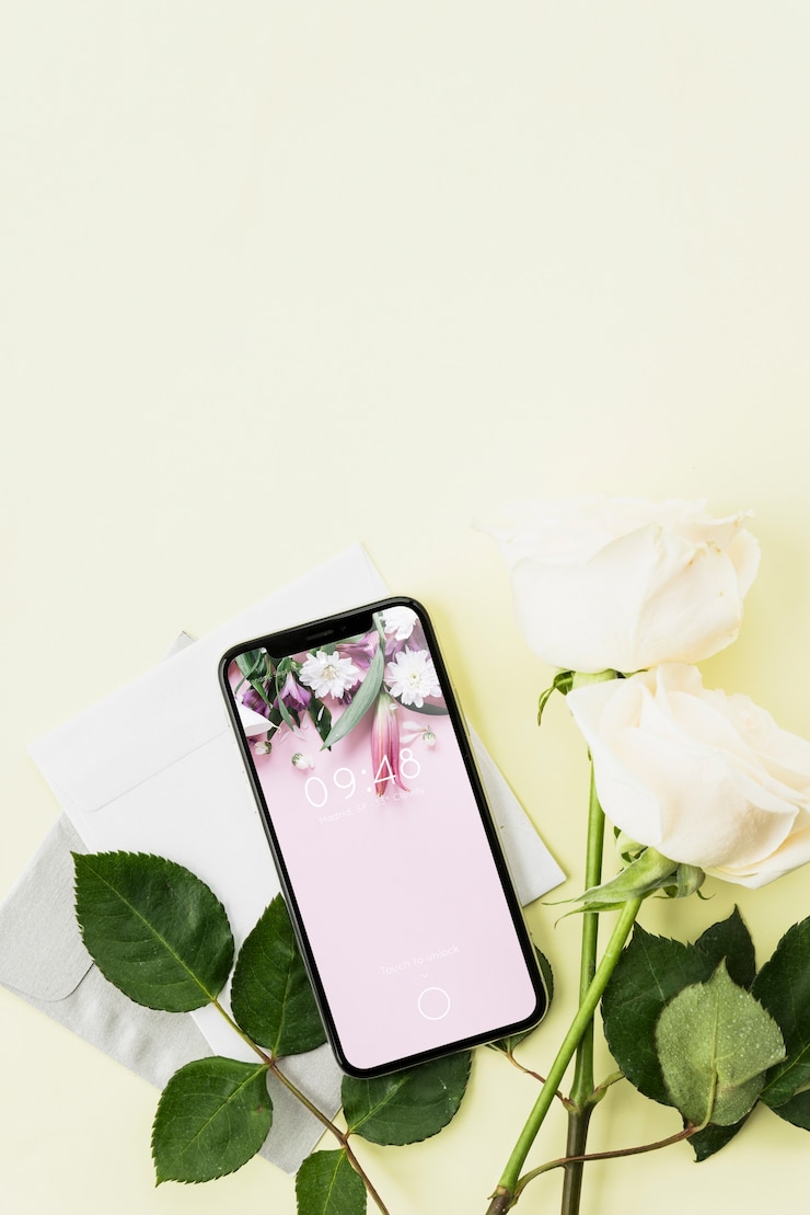 PSD smartphone-mockup en bloemen
