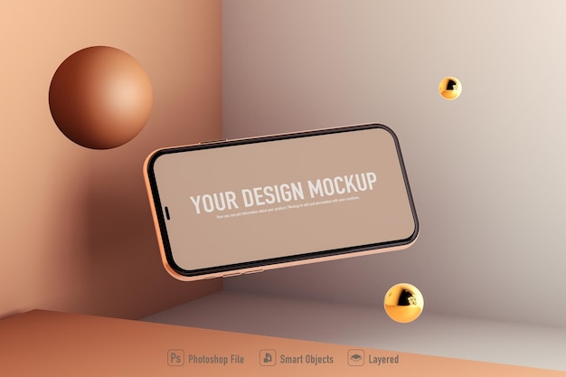 Smartphone mockup next to geometric shapes isolated on soft color background 3D 3D Illustration