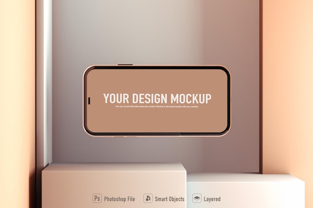 Smartphone mockup next to geometric shapes isolated on soft color background 3D 3D Illustration