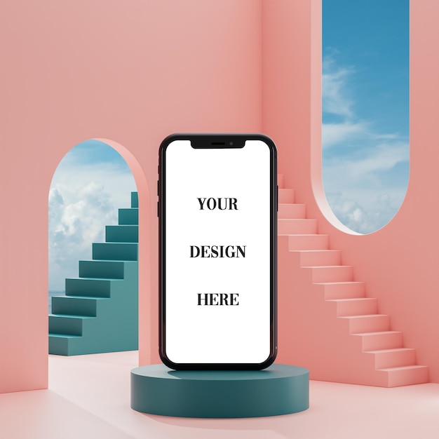 Mockup di smartphone su sfondo verde cielo podio