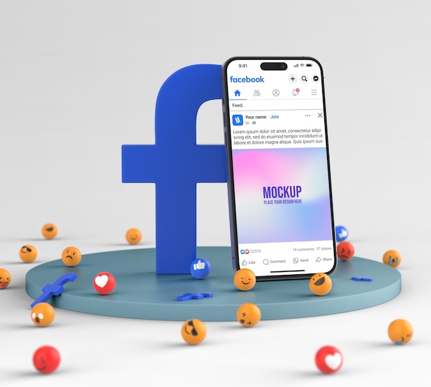 Smartphone mockup met basis en groot Facebook logo en emoji