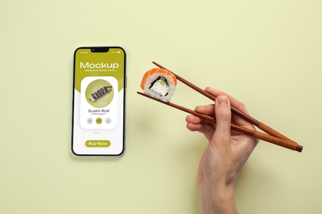 PSD smartphone-mockup met bezorging van sushi