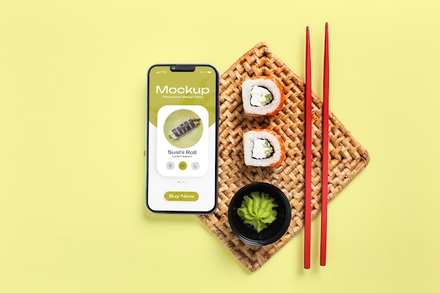 PSD smartphone-mockup met bezorging van sushi