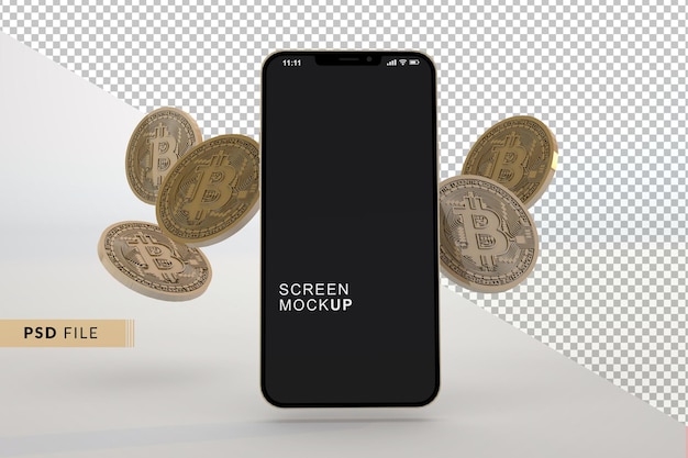 Smartphone-mockup met zwevende bitcoint