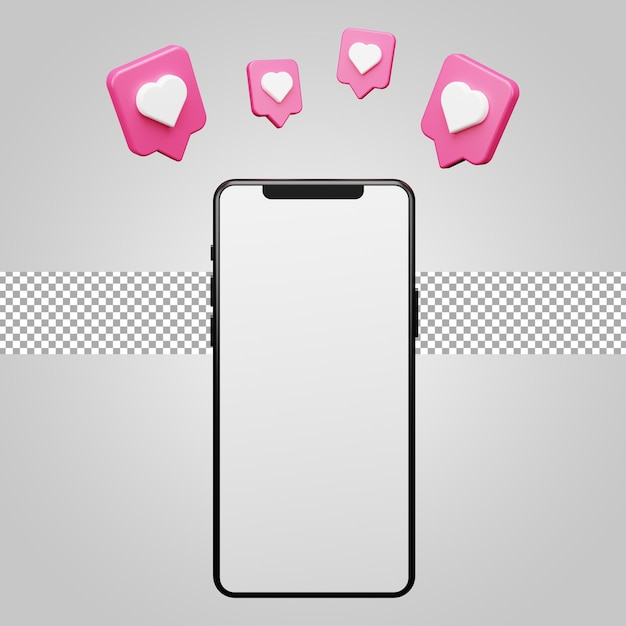 Smartphone-mockup met zwevende liefde als chatballon. 3d render