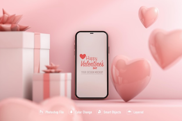 Smartphone mockup mockup isolated for valentine day surrounded by hearts