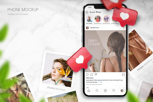 Smartphone-mockup om instagram-berichten op een wit marmeren oppervlak weer te geven