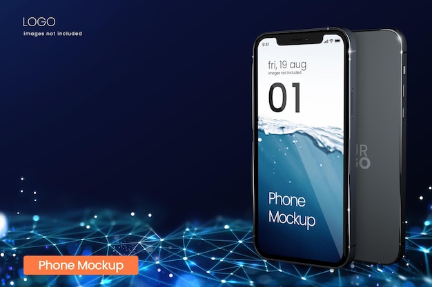 Smartphone mockup on blue geometrical background